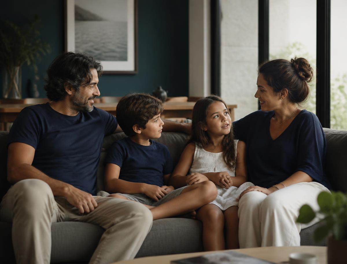 Família brasileira conversando reunida na sala de casa