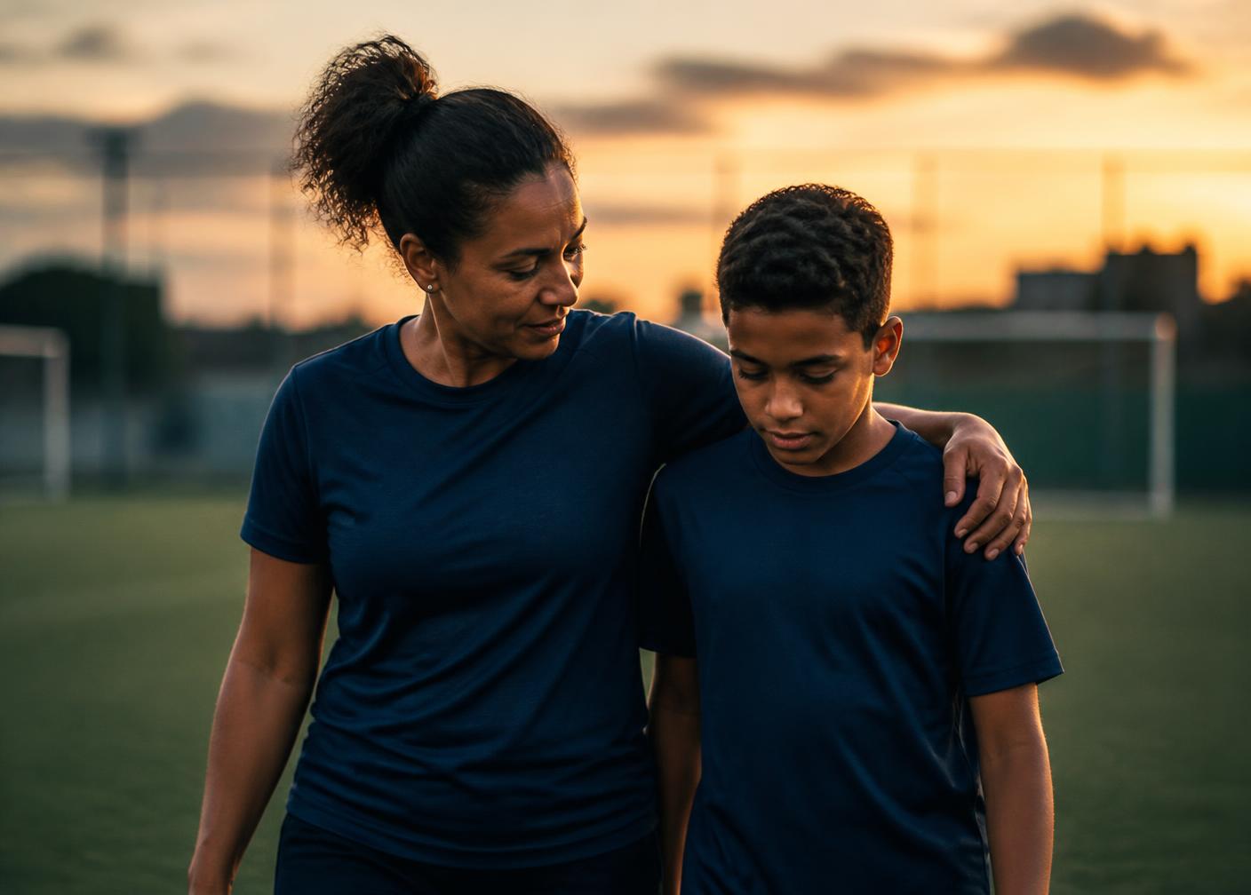 Mãe e filho adolescente caminhando juntos após o treino de futebol