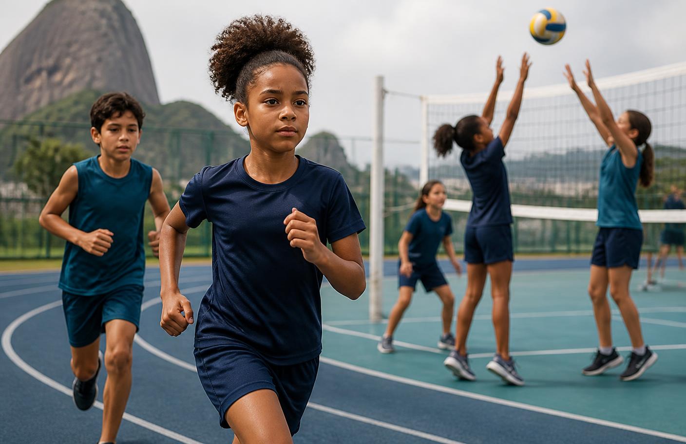 Crianças brasileiras praticando diferentes esportes em uma pista e quadra ao ar livre